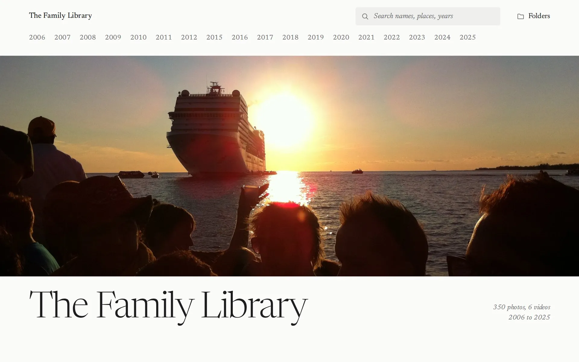 The Album style: the cover photo of a cruise ship at sunset across the full width, with the library's name set large beneath it and the years along the top.